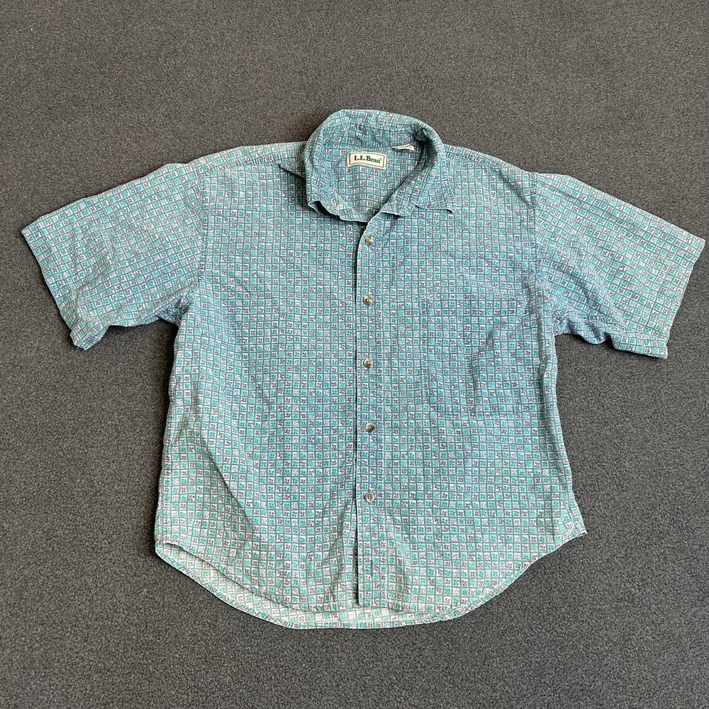 Vintage L.L. Bean Shirt Mens Small Green Geometric Cotton Short Sleeve Button Up
